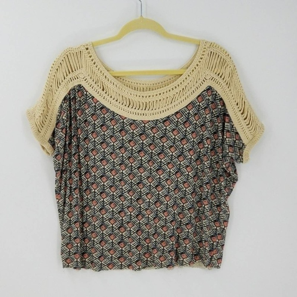 Free People Woven Knit Shoulder Diamond Patterned Slub Dolman Sleeve Top Size XS